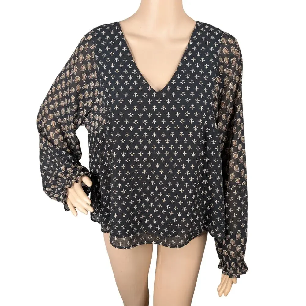 Madewell Sheer Sleeve Top Brushstroke Paisley V-Neck Puff Sleeve Black L